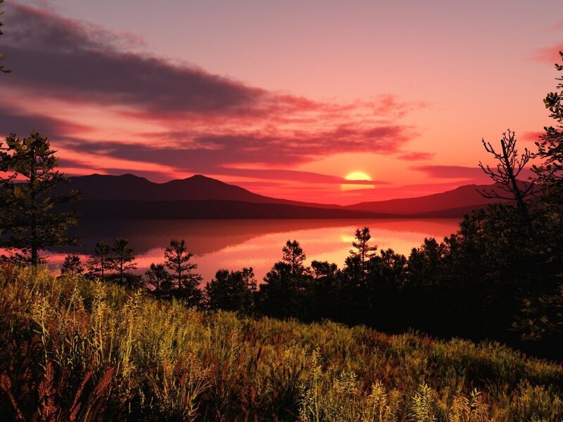 Sunset over Lake — Red, Serene, Photograph, Mountains