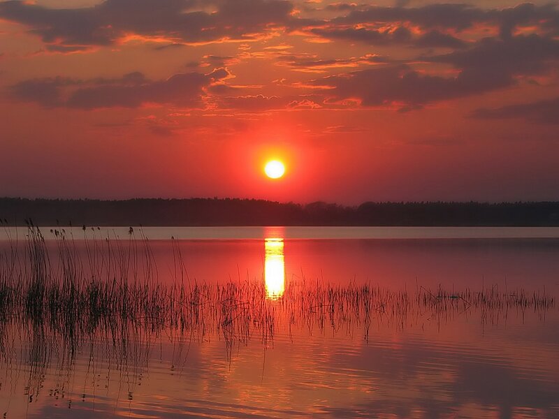 Sunset over Lake — Red, Serene, Photograph, Sun, Clouds