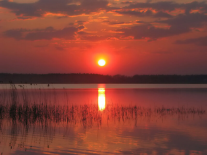 Sunset over Lake — Red, Serene, Photograph, Sun