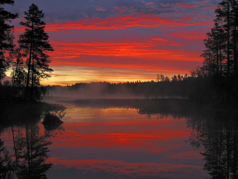 Sunset over Lake — Red, Serene, Photograph