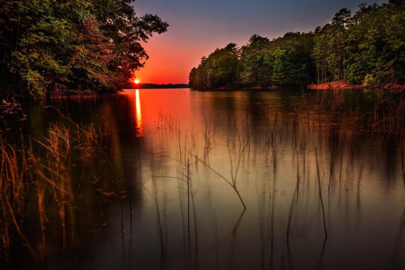 Sunset over Lake — Red, Serene, Photograph, Trees, Sky