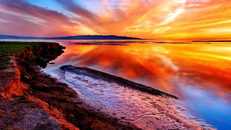 Sunset over Lake Shore — Orange, Dramatic, Photograph, Sky