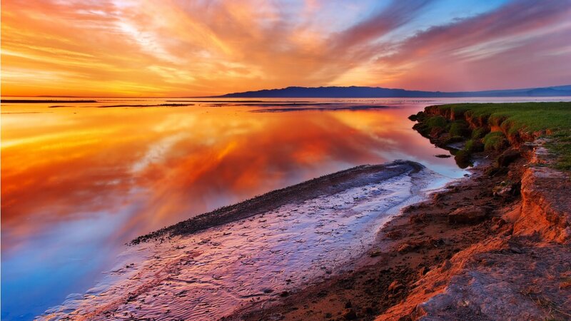 Sunset over Lake Shore — Orange, Dramatic, Photograph, Sky, Water