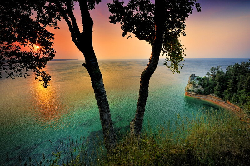 Sunset over Lake Shore — Orange, Serene, Photograph