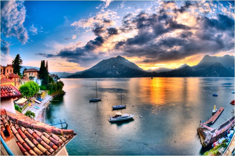 Sunset over Lake with Boats — Blue, Dramatic