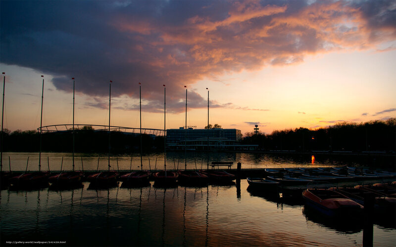 Sunset over Lake with Boats — Orange, Dramatic