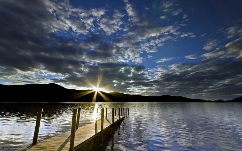 Sunset over Lake with Dock — Blue, Dramatic, Photograph
