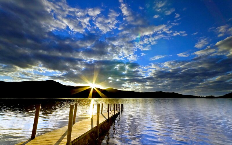 Sunset over Lake with Dock — Blue, Dramatic