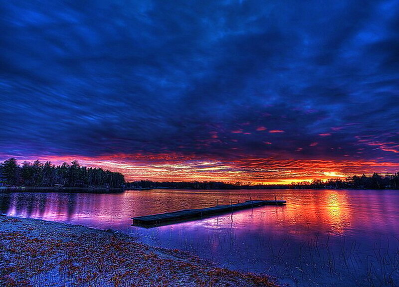 Sunset over Lake with Dock — Blue