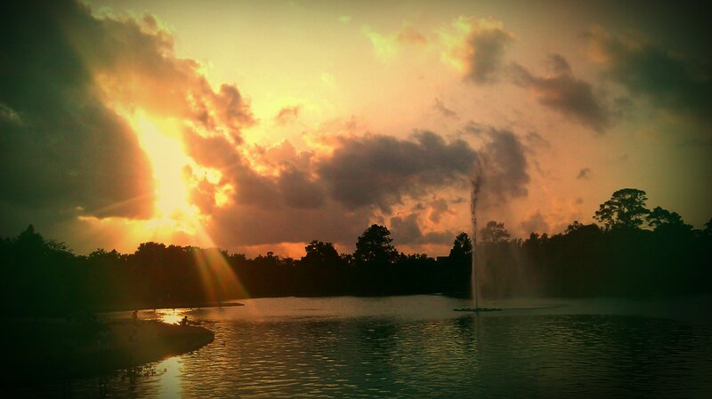 Sunset over Lake with Fountain