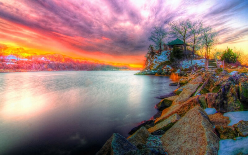 Sunset over Lake with Gazebo — Purple