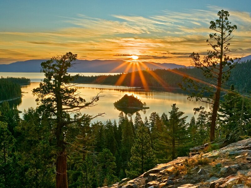 Sunset over Lake with Island — Gold