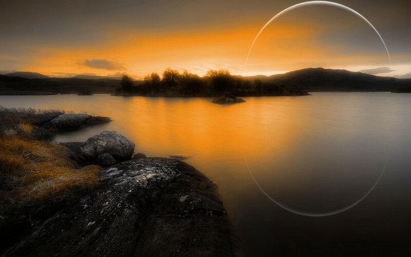 Sunset over Lake with Moon