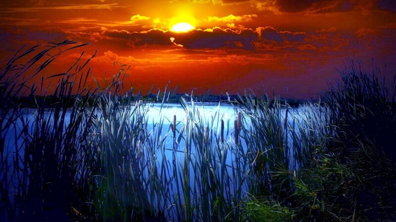 Sunset over Lake with Reeds — Orange, Dramatic, Photograph