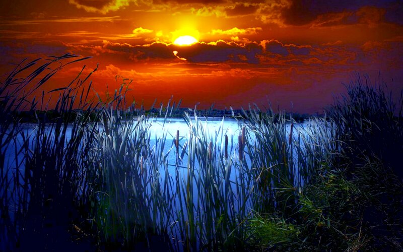 Sunset over Lake with Reeds — Orange, Dramatic