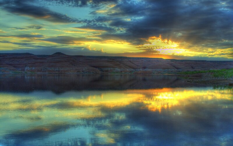 Sunset over Lake — Yellow, Dramatic, Photograph, Clouds, Mountains, Reflection