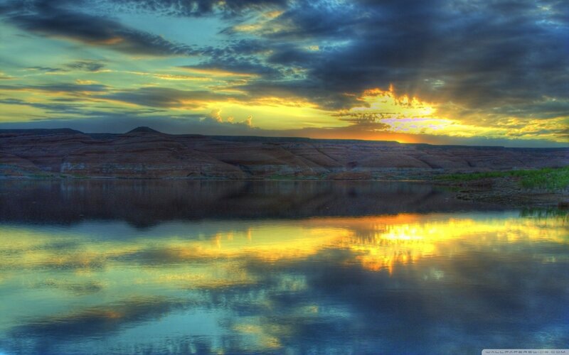 Sunset over Lake — Yellow, Dramatic, Photograph, Clouds, Mountains