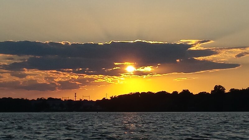 Sunset over Lake — Yellow, Dramatic, Photograph, Clouds, Trees, Power Lines