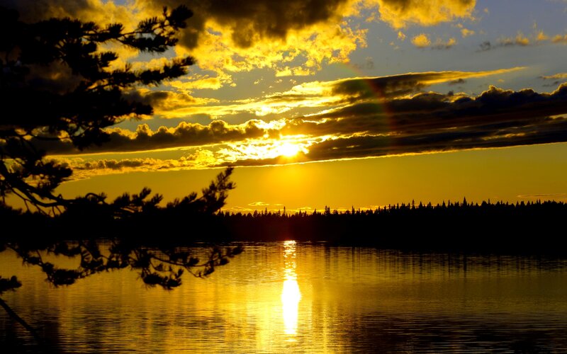 Sunset over Lake — Yellow, Dramatic, Photograph, Clouds, Trees, Reflection