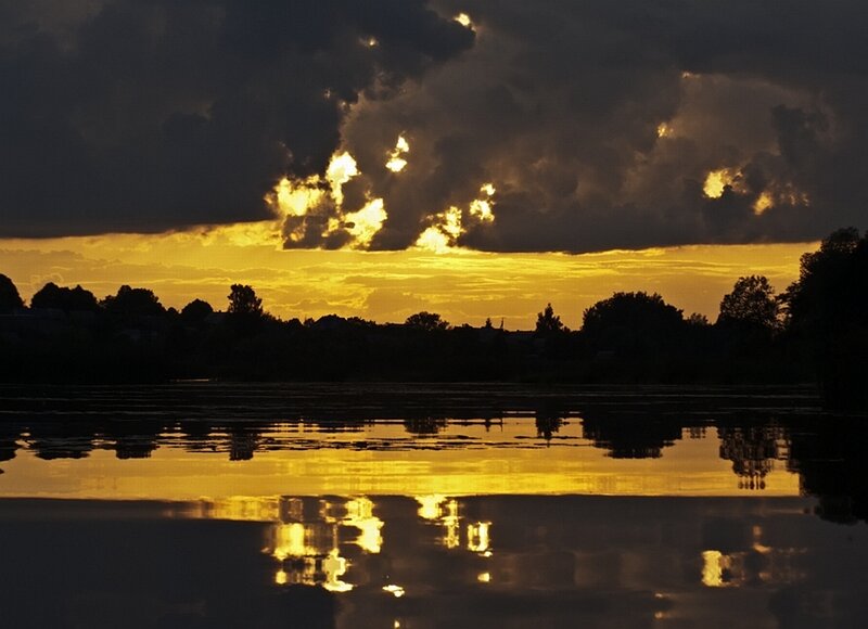 Sunset over Lake — Yellow, Dramatic, Photograph, Clouds, Trees