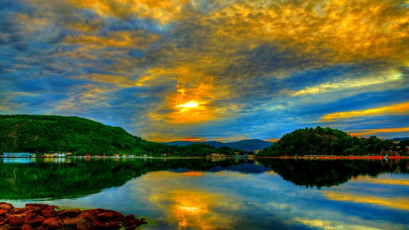 Sunset over Lake — Yellow, Dramatic, Photograph, Hills