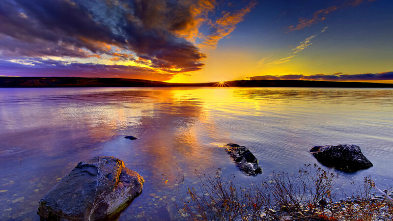 Sunset over Lake — Yellow, Dramatic, Photograph, Rocks