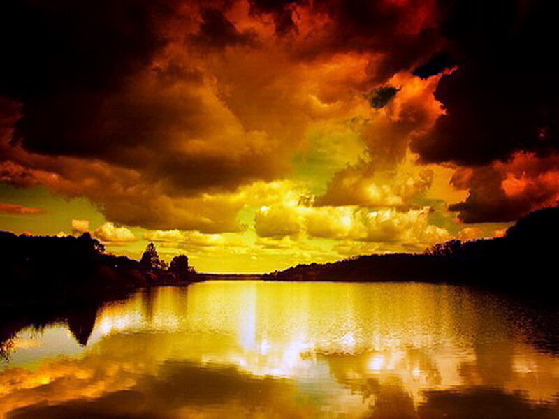 Sunset over Lake — Yellow, Dramatic, Photograph