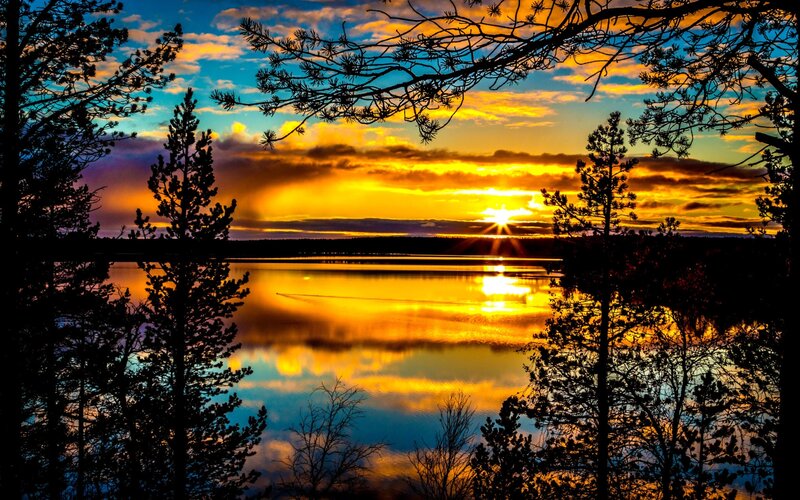 Sunset over Lake — Yellow, Dramatic, Photograph, Trees, Sky