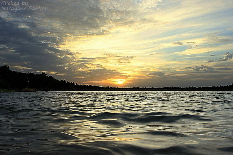Sunset over Lake — Yellow, Serene, Photograph, Clouds, Trees