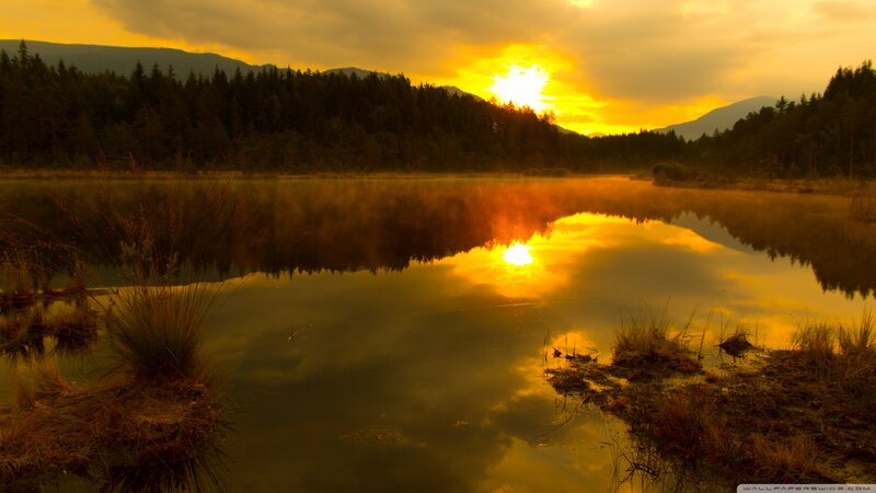 Sunset over Lake — Yellow, Serene, Photograph, Mountains, Forest