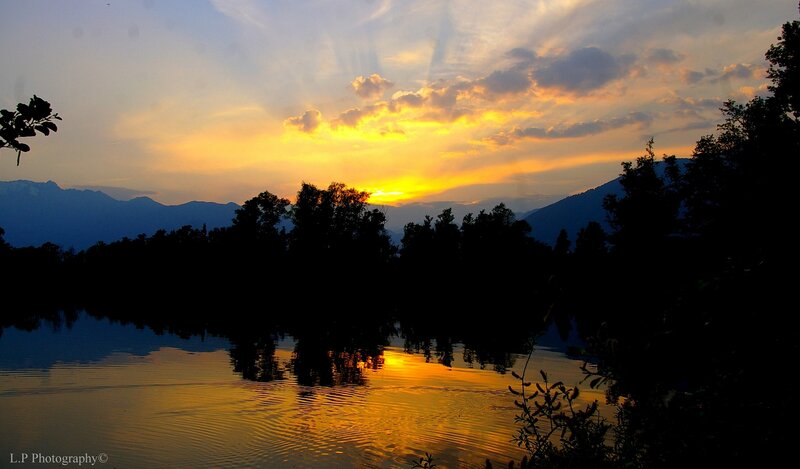 Sunset over Lake — Yellow, Serene, Photograph, Mountains, Trees, Clouds