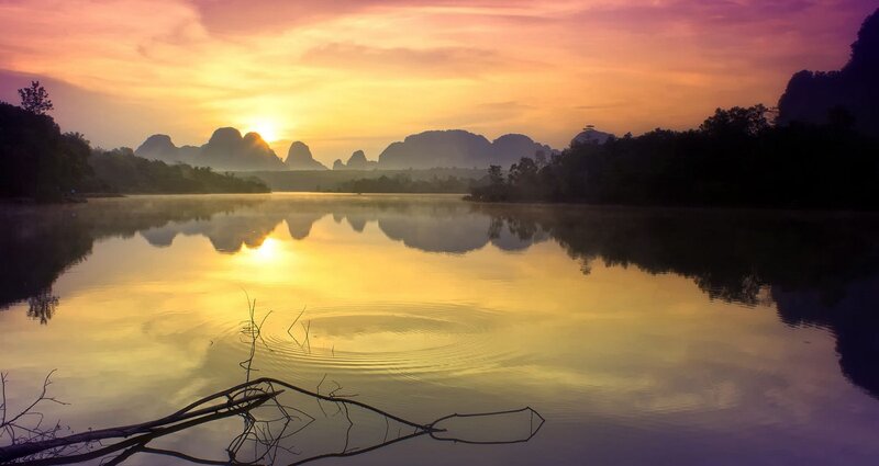 Sunset over Lake — Yellow, Serene, Photograph, Mountains, Trees