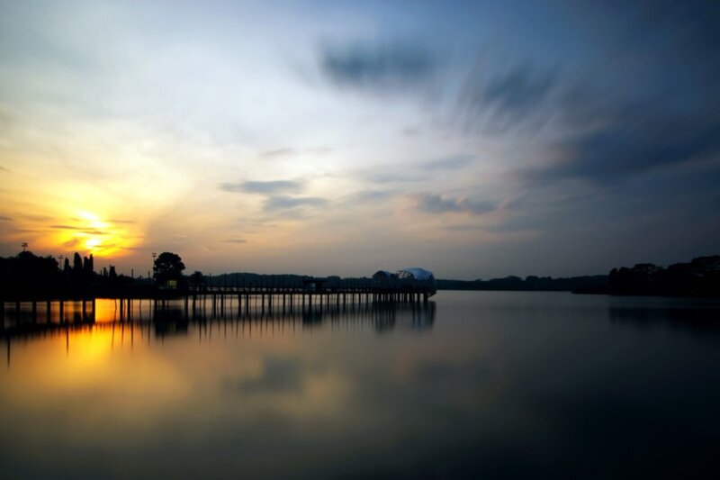 Sunset over Lake — Yellow, Serene, Photograph, Pier