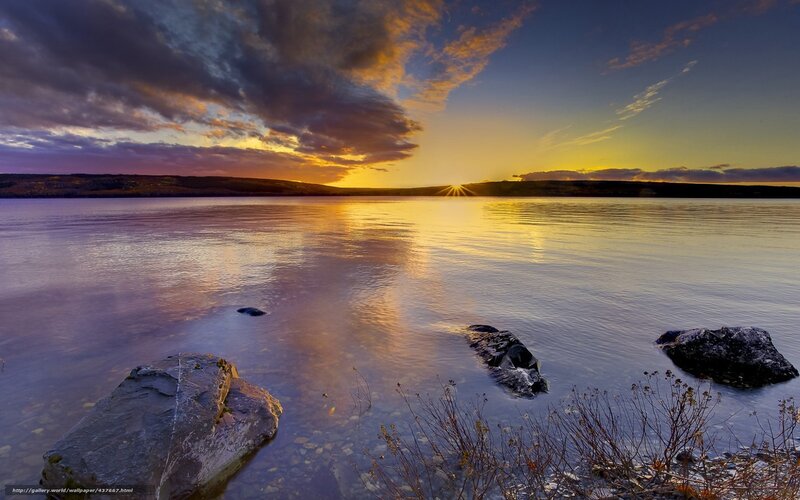 Sunset over Lake — Yellow, Serene, Photograph, Rocks