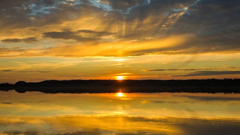Sunset over Lake — Yellow, Serene, Photograph, Sky, Clouds