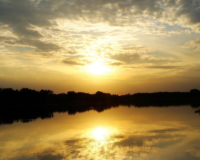 Sunset over Lake — Yellow, Serene, Photograph, Sky, Clouds, Trees