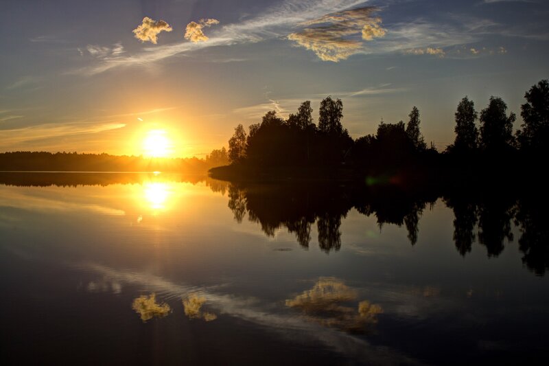 Sunset over Lake — Yellow, Serene, Photograph, Sun, Trees, Reflection