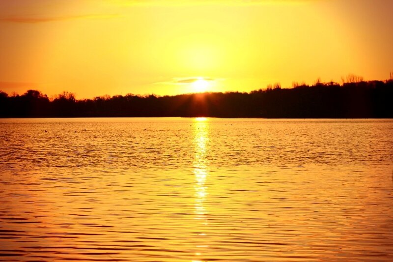 Sunset over Lake — Yellow, Serene, Photograph, Sun, Trees