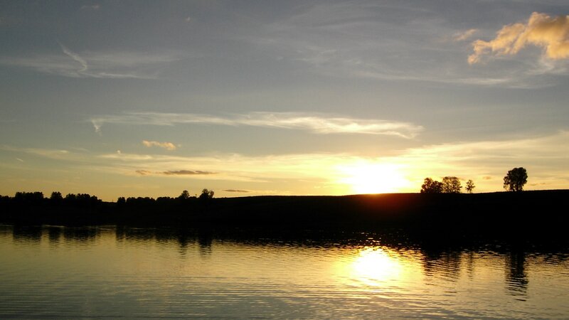 Sunset over Lake — Yellow, Serene, Photograph, Trees, Sky, Water, Blue