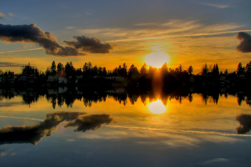 Sunset over Lake — Yellow, Serene, Photograph, Trees