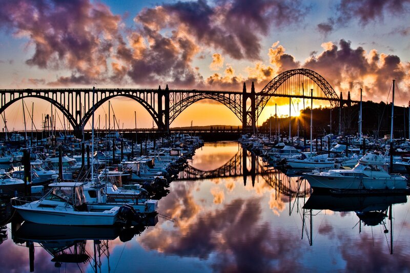 Sunset over marina bridge