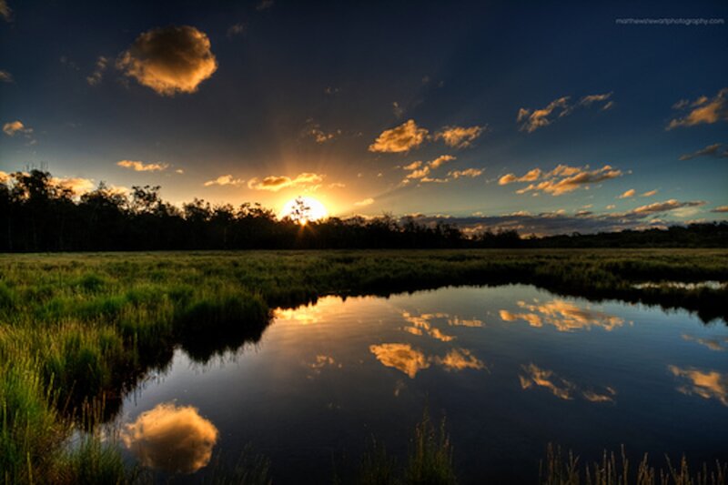 Sunset over Marsh — Blue, Serene, Photograph, Sun