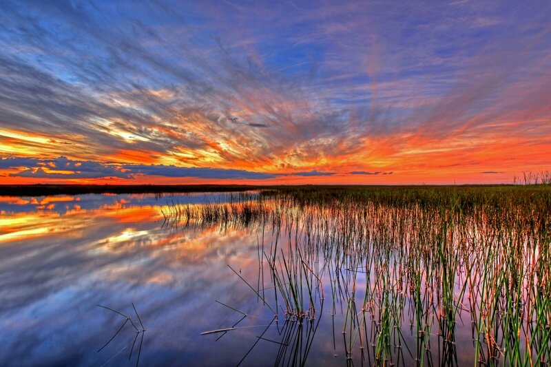 Sunset over Marsh — Orange, Dramatic, Photograph, Sky, Clouds