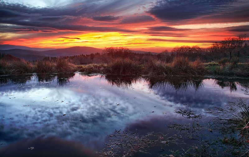Sunset over Marsh — Orange, Dramatic, Photograph, Sky, Mountains