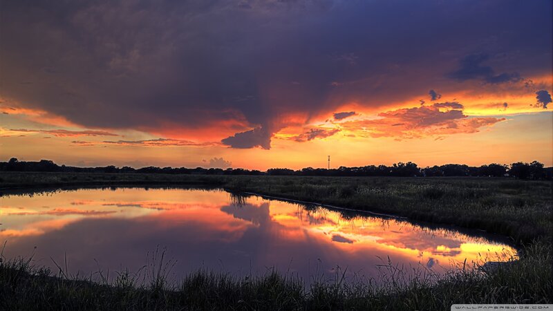 Sunset over Marsh Pond — Orange, Dramatic, Photograph