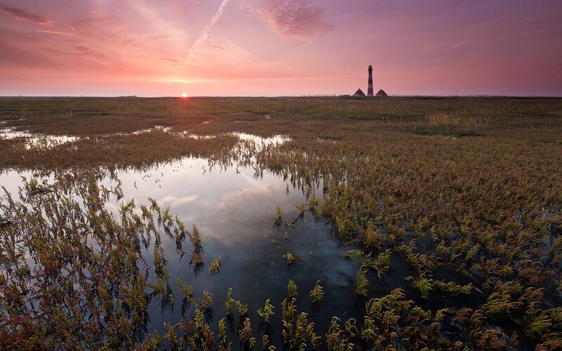 Sunset over marsh with lighthouse
