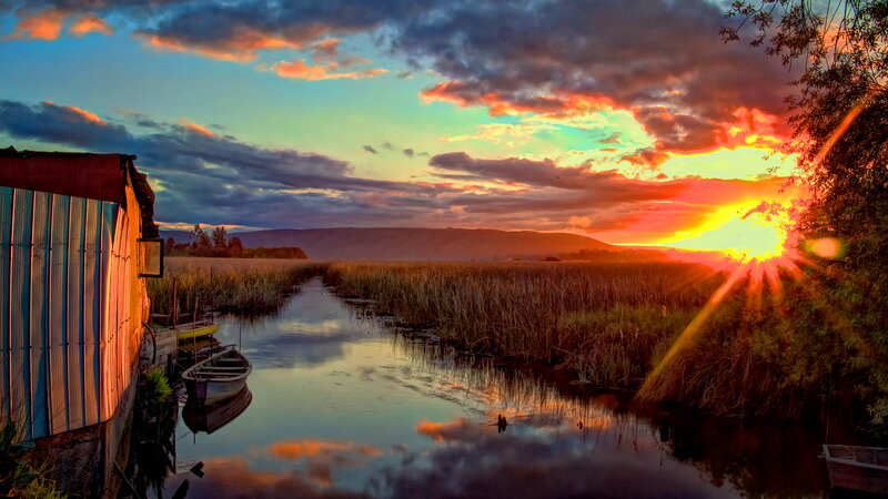 Sunset over Marshland — Orange, Dramatic, Photograph, Boat