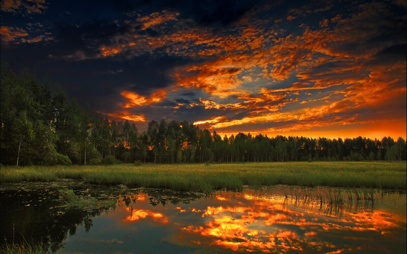 Sunset over Marshland — Orange, Dramatic, Photograph, Clouds