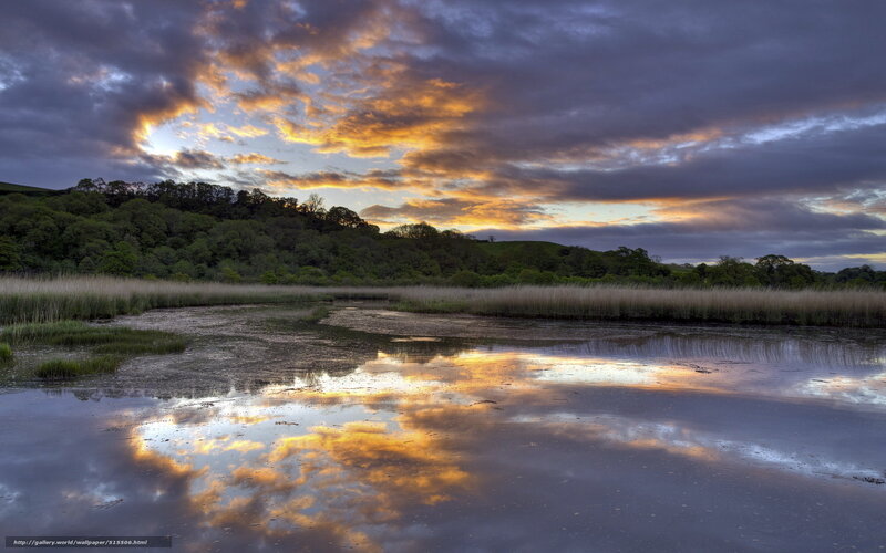 Sunset over Marshland — Orange, Dramatic, Photograph, Clouds, Water