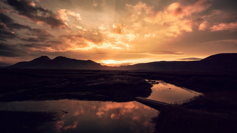 Sunset over Marshland — Orange, Dramatic, Photograph, Mountains
